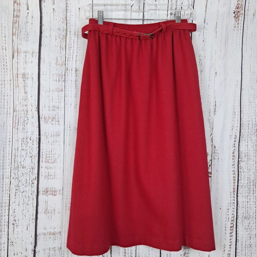 Vintage Barclay Square M Red 100% Pure Wool Midi Skirt Belt Pockets Academia